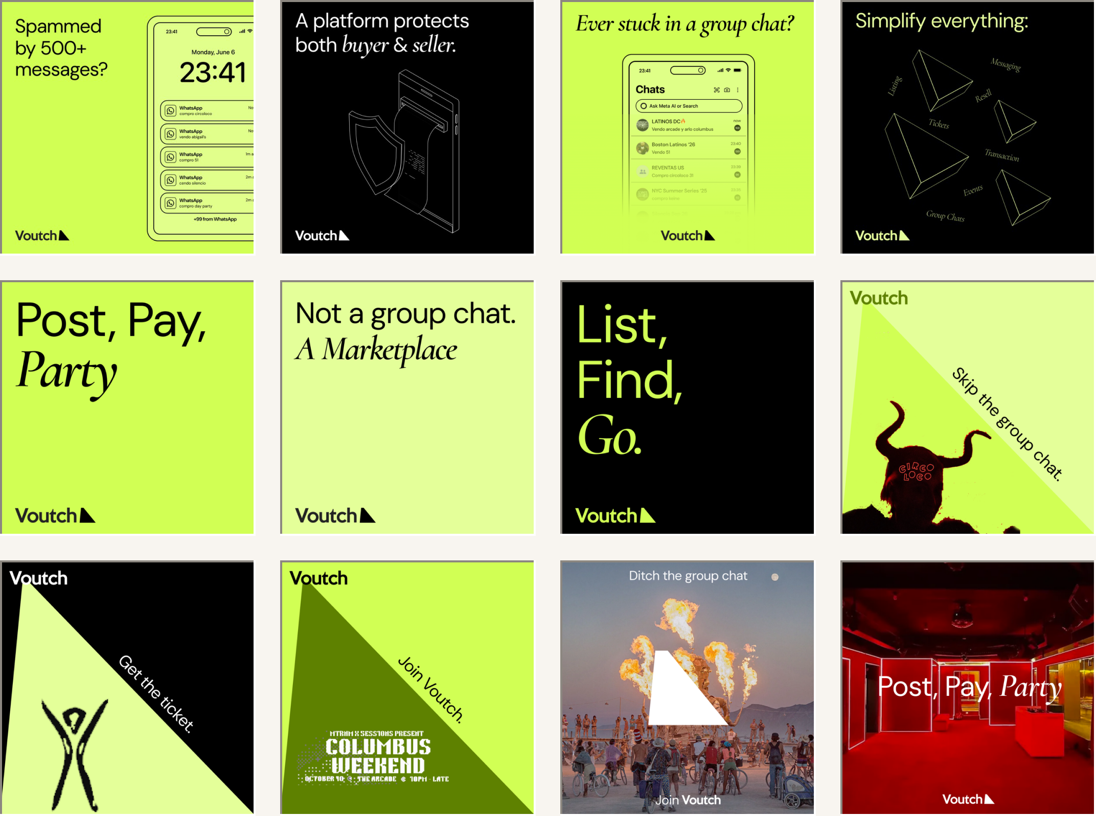 Twelve Voutch poster and social templates — neon, black and daylight grounds mixing bold type, app-chat mockups and full-bleed party photography, each signed with the Voutch wordmark